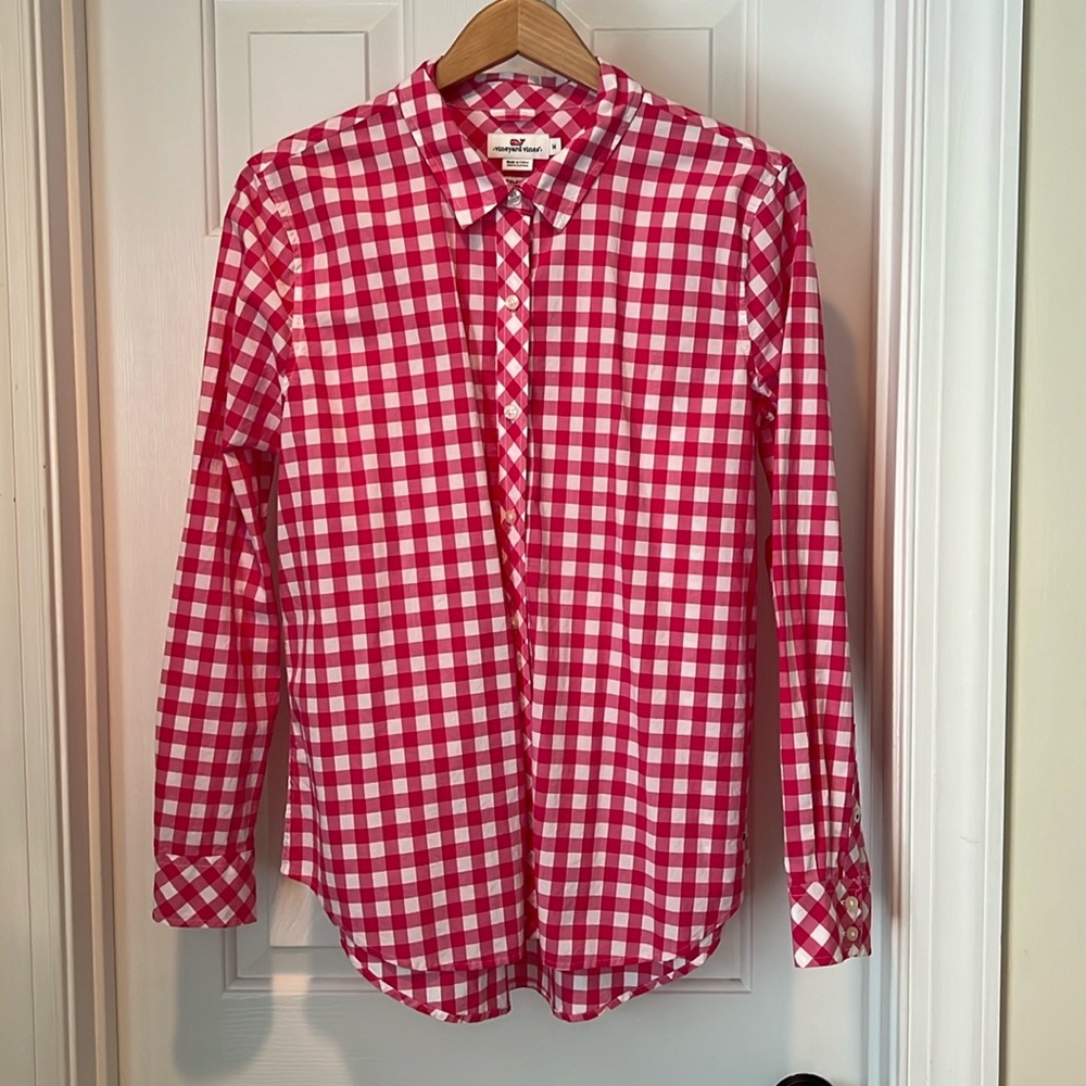 Vineyard Vines cotton, button-down, pink, checked blouse